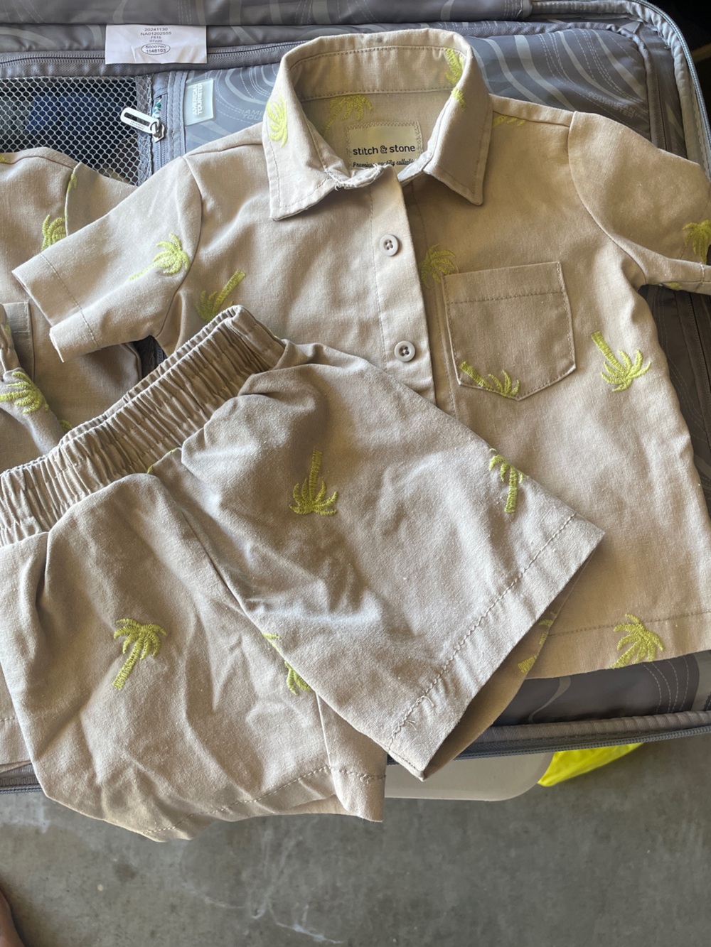 Stitch & stone Beige Matching Shirt and Shorts Set with neon yellow/green palm